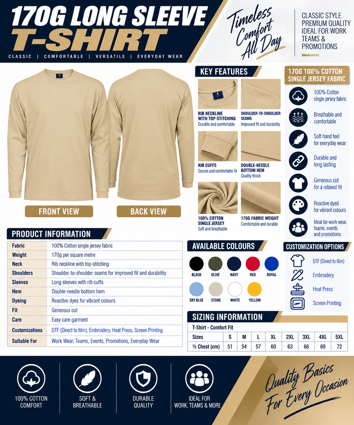170g Long Sleeve T-Shirt 100% Cotton