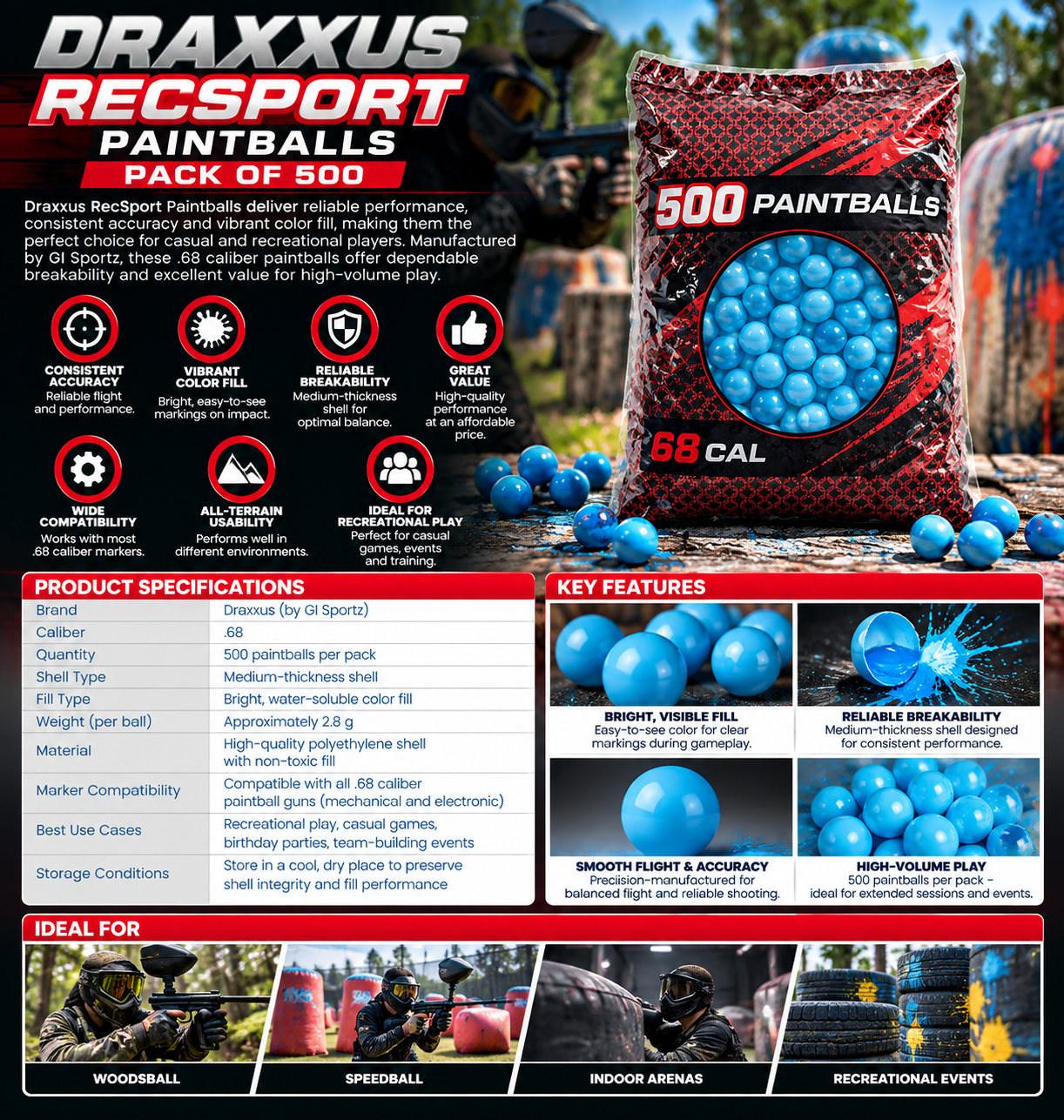 Draxxus Recsport Paintballs Pack of 500
