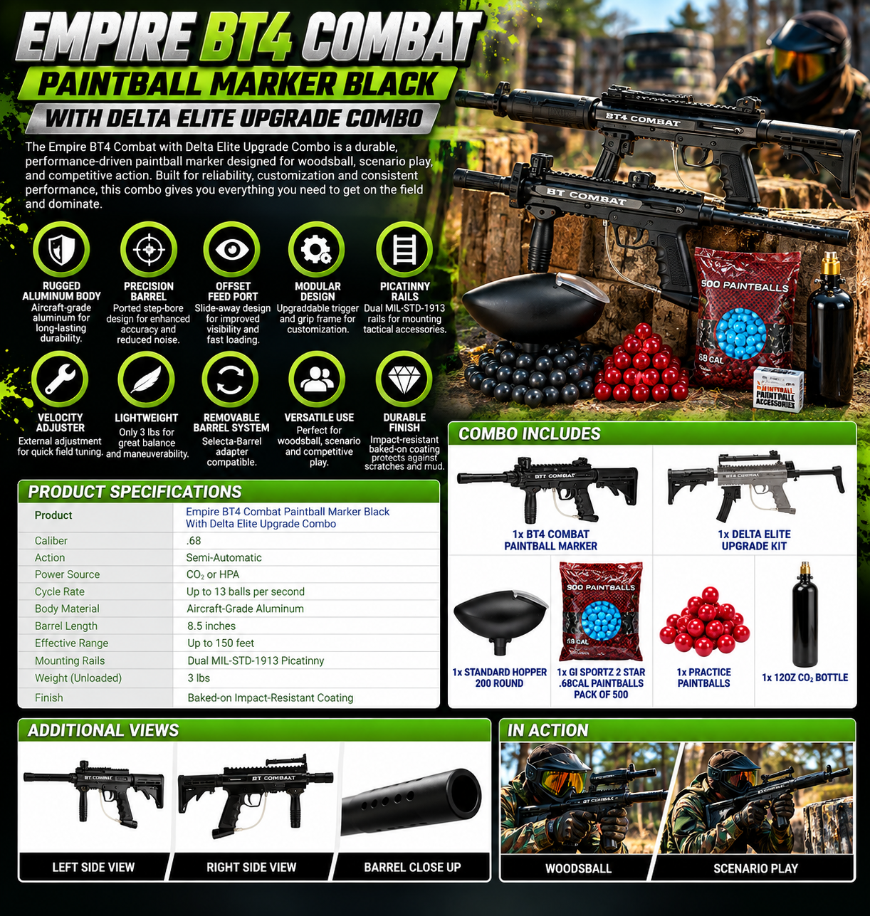 Empire Bt4 Combat Paintball Marker Black With Delta Elite Upgrade Combo