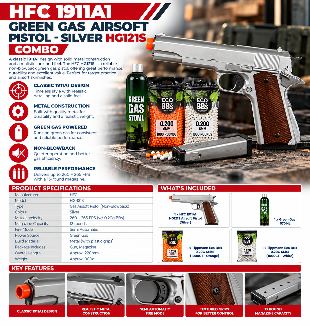 HFC 1911A1 GREEN GAS AIRSOFT PISTOL